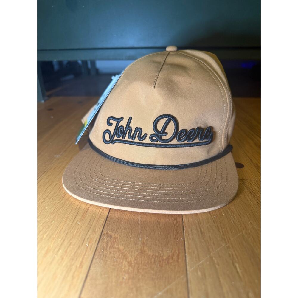NEW John Deere Vintage Raised Script Cap Hat Khaki Rope Brim Snapback